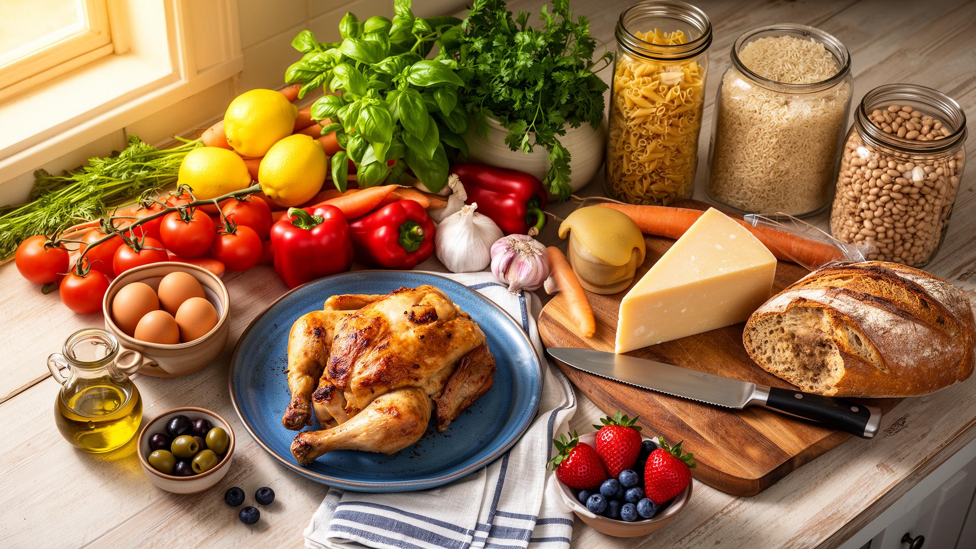 A sunlit kitchen counter overflowing with fresh tomatoes, lemons, basil, carrots, peppers, eggs, bread, parmesan, jars of pasta and rice, and a roast chicken on a blue plate